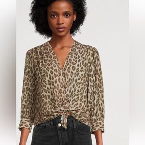 SMYTHE STYLISH TIE-FRONT SILHOUETTE LEOPARD PRINT BLOUSE SHIRRING CUFFS/SHOULDER